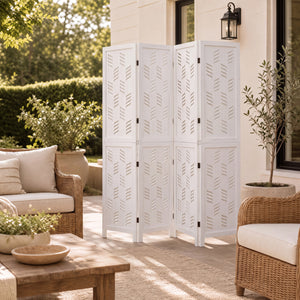 5.5 FT Tall Room Divider 4 Panels with Wave Cutout & Paulownia Frame for Room-White view 3