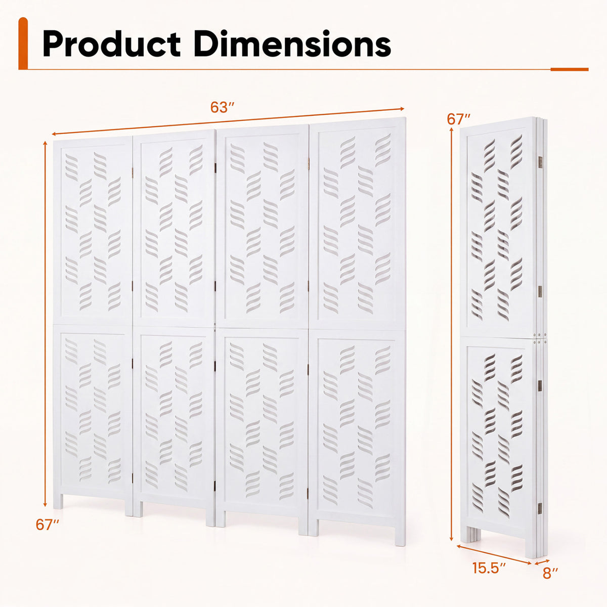 5.5 FT Tall Room Divider 4 Panels with Wave Cutout & Paulownia Frame for Room-White view 4