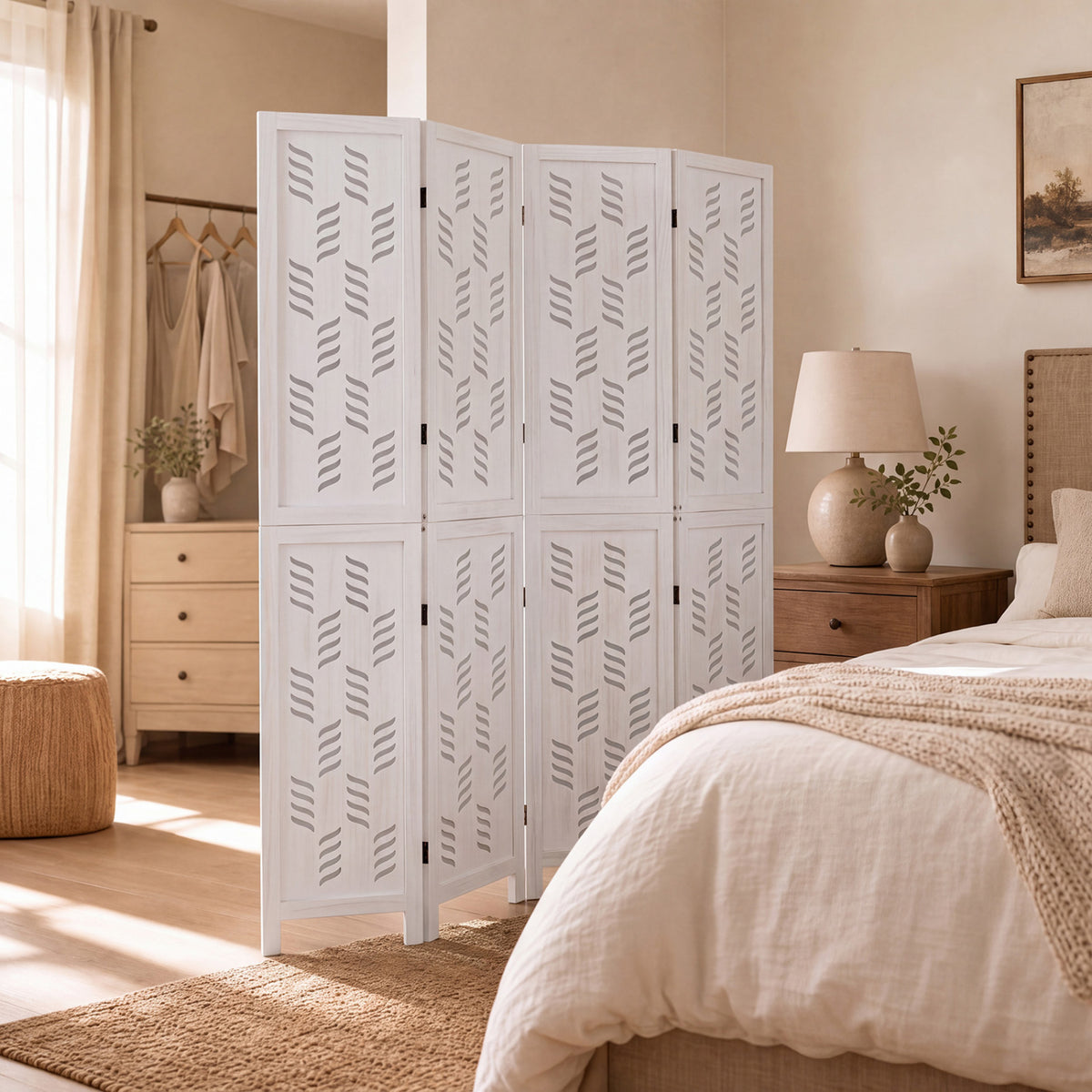 5.5 FT Tall Room Divider 4 Panels with Wave Cutout & Paulownia Frame for Room-White view 6
