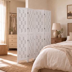5.5 FT Tall Room Divider 4 Panels with Wave Cutout & Paulownia Frame for Room-White view 6