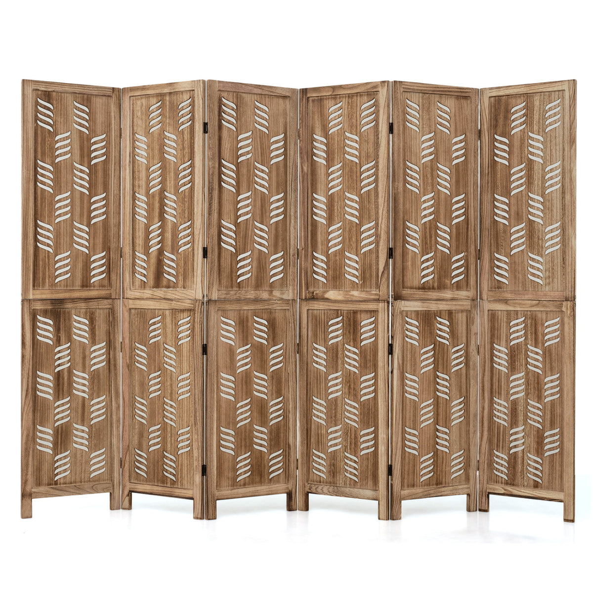 5.5 FT Tall Room Divider 6 Panels with Wave Cutout & Paulownia Frame for Room-Brown