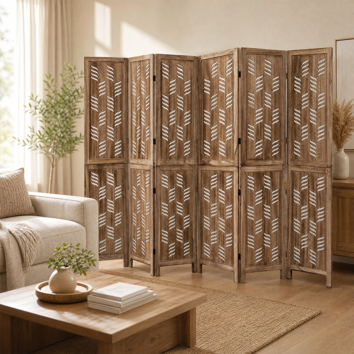 5.5 FT Tall Room Divider 6 Panels with Wave Cutout & Paulownia Frame for Room-Brown view 2