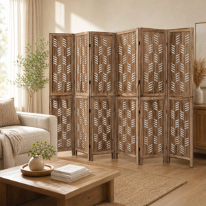 5.5 FT Tall Room Divider 6 Panels with Wave Cutout & Paulownia Frame for Room-Brown view 2