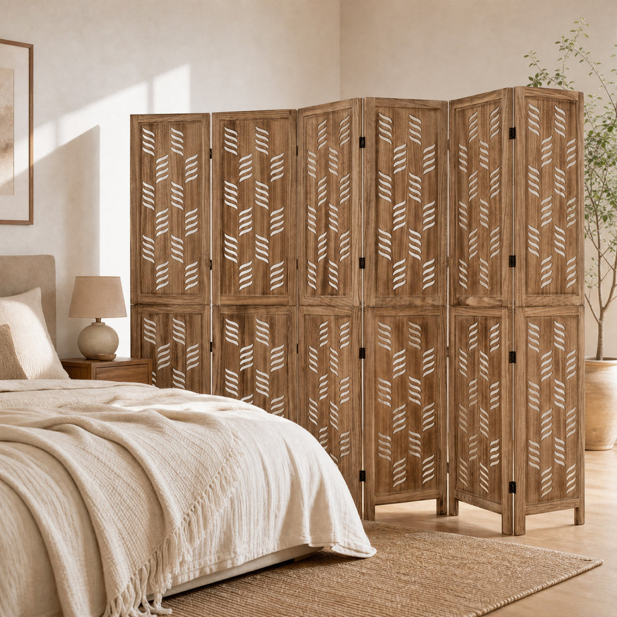 5.5 FT Tall Room Divider 6 Panels with Wave Cutout & Paulownia Frame for Room-Brown view 3