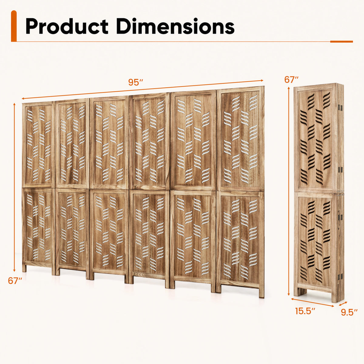 5.5 FT Tall Room Divider 6 Panels with Wave Cutout & Paulownia Frame for Room-Brown view 4