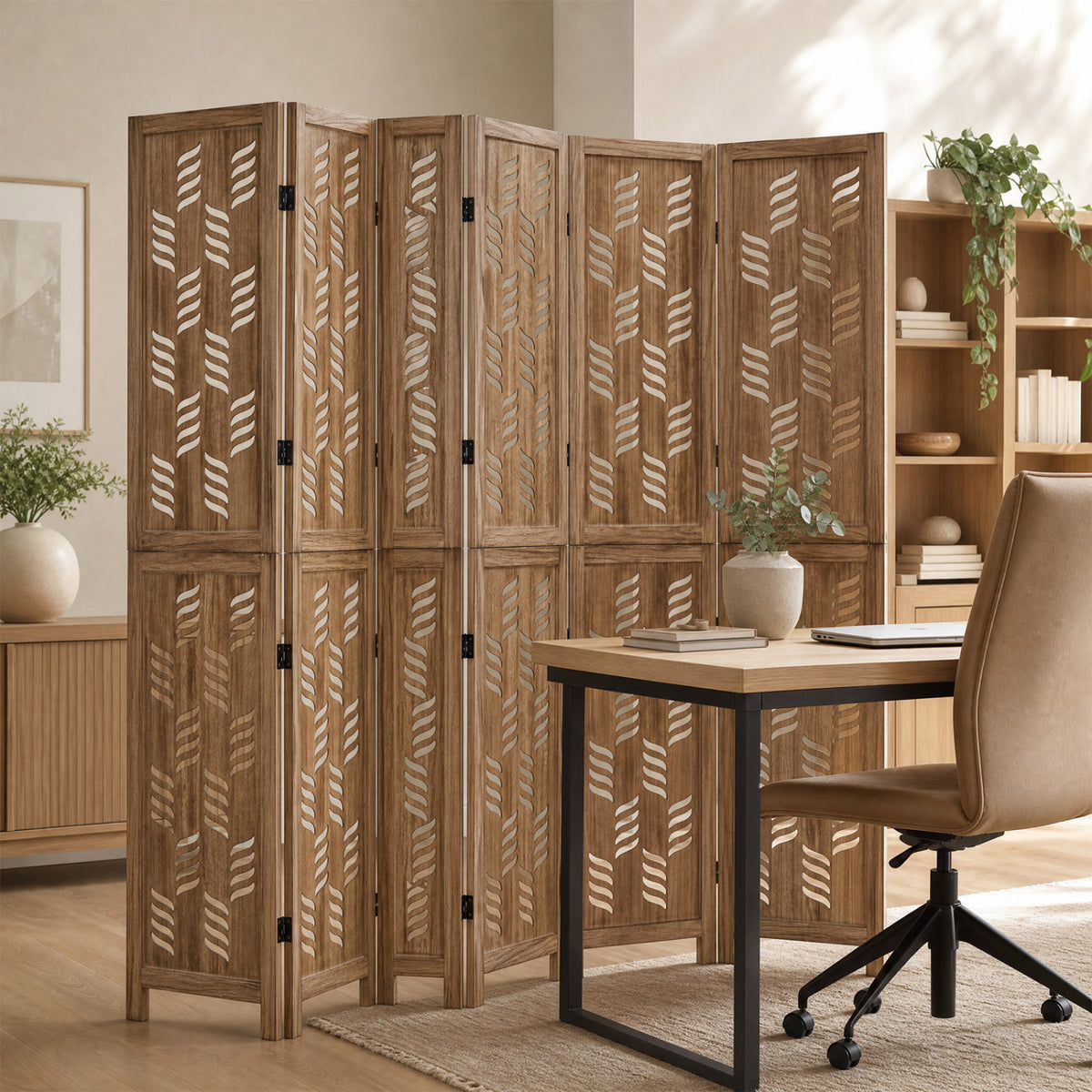5.5 FT Tall Room Divider 6 Panels with Wave Cutout & Paulownia Frame for Room-Brown view 5