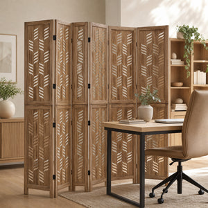 5.5 FT Tall Room Divider 6 Panels with Wave Cutout & Paulownia Frame for Room-Brown view 5