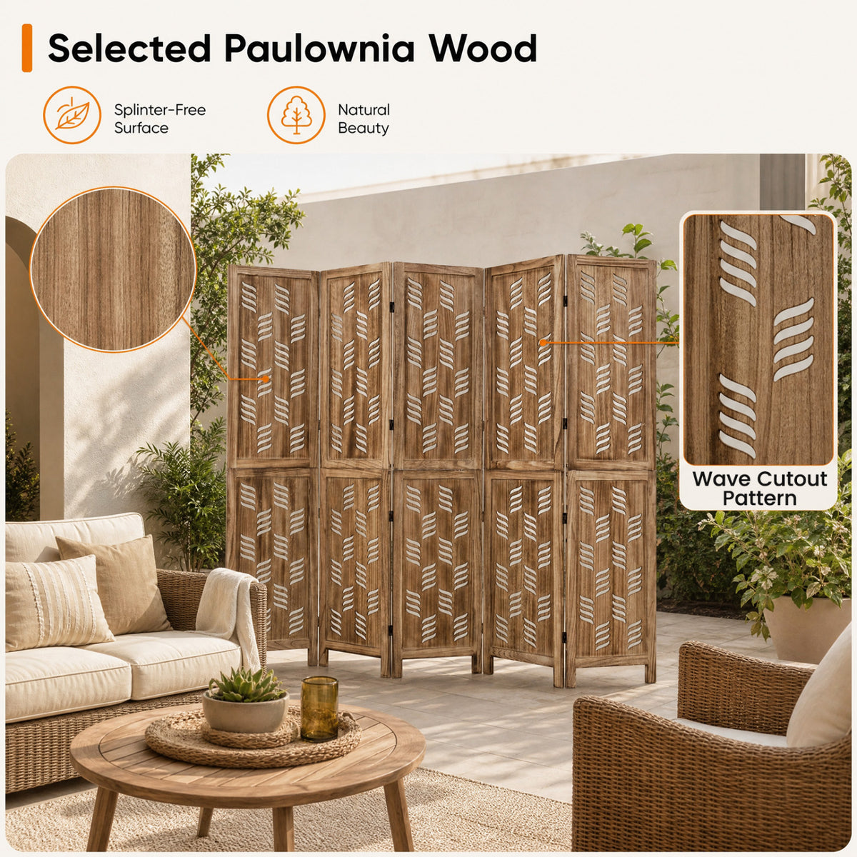 5.5 FT Tall Room Divider 6 Panels with Wave Cutout & Paulownia Frame for Room-Brown view 8