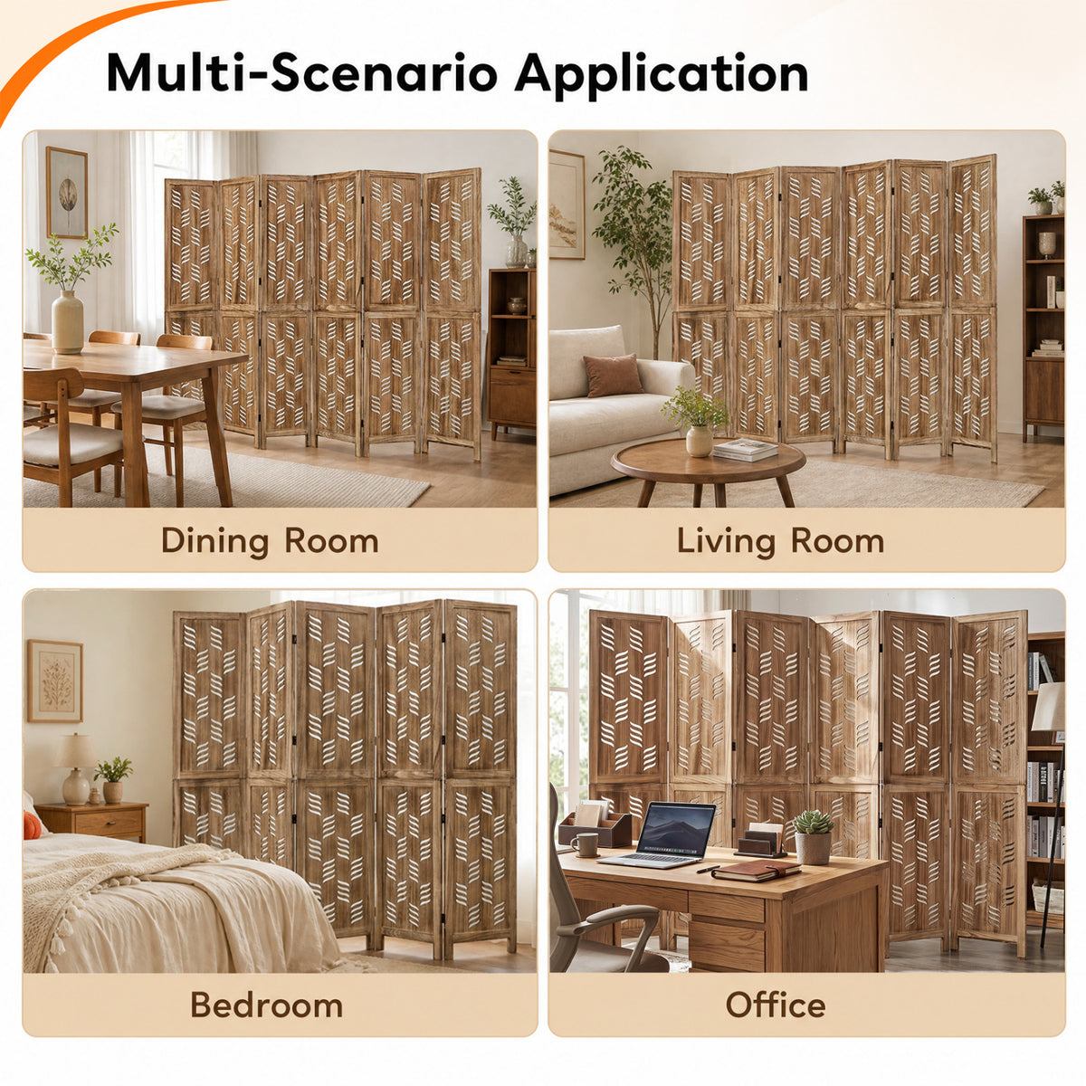 5.5 FT Tall Room Divider 6 Panels with Wave Cutout & Paulownia Frame for Room-Brown view 9