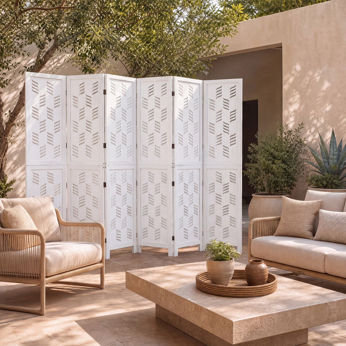 5.5 FT Tall Room Divider 6 Panels with Wave Cutout & Paulownia Frame for Room-White view 3