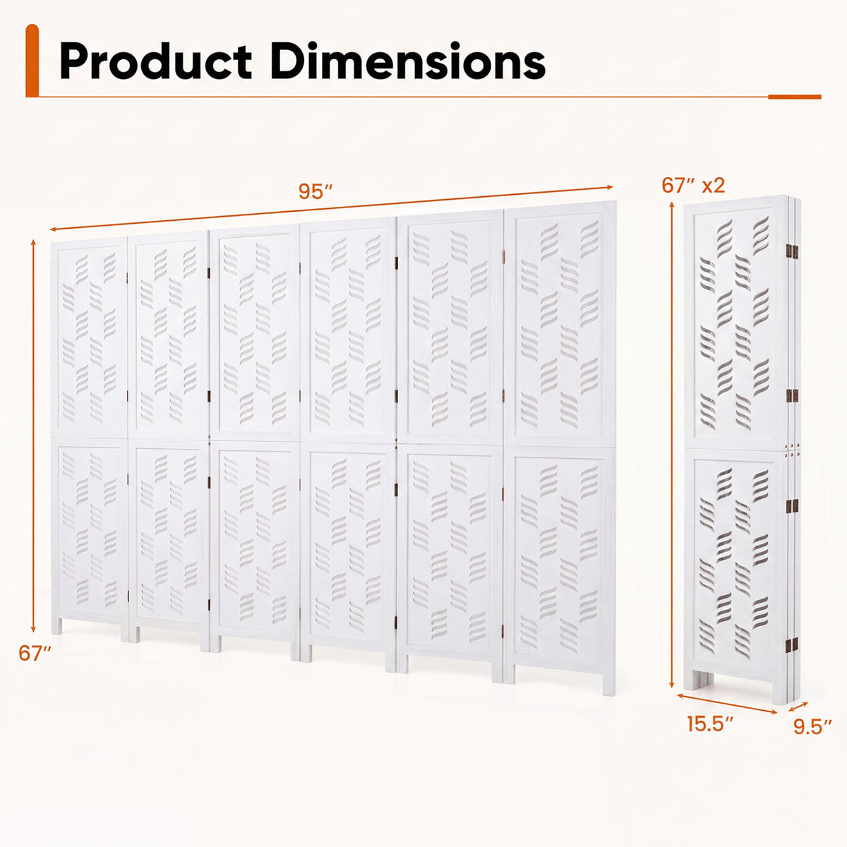 5.5 FT Tall Room Divider 6 Panels with Wave Cutout & Paulownia Frame for Room-White view 4