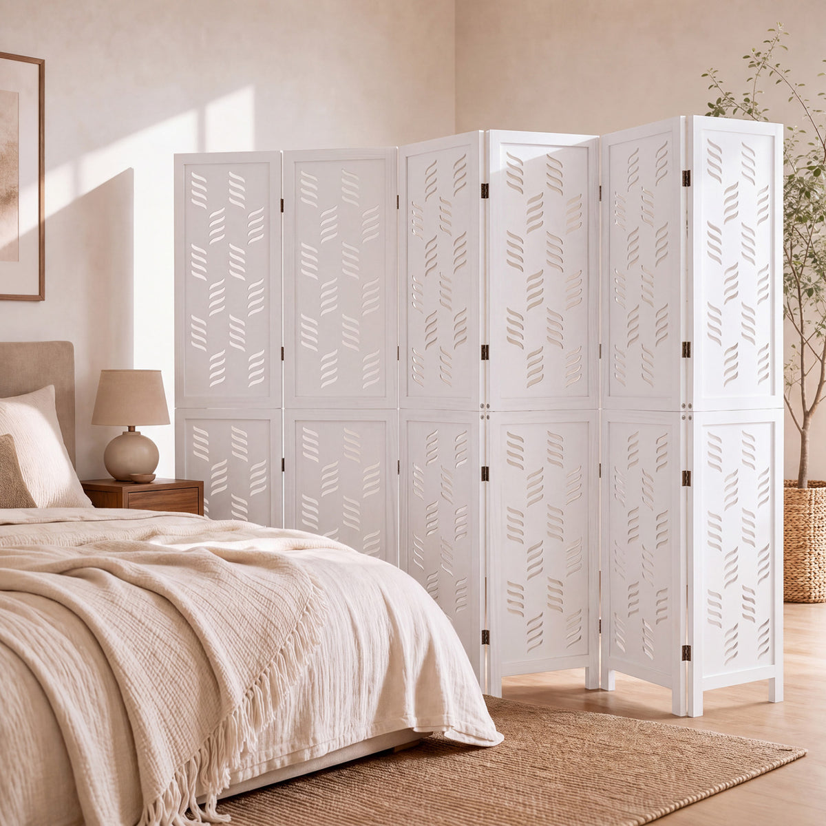 5.5 FT Tall Room Divider 6 Panels with Wave Cutout & Paulownia Frame for Room-White view 5