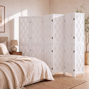 5.5 FT Tall Room Divider 6 Panels with Wave Cutout & Paulownia Frame for Room-White view 5