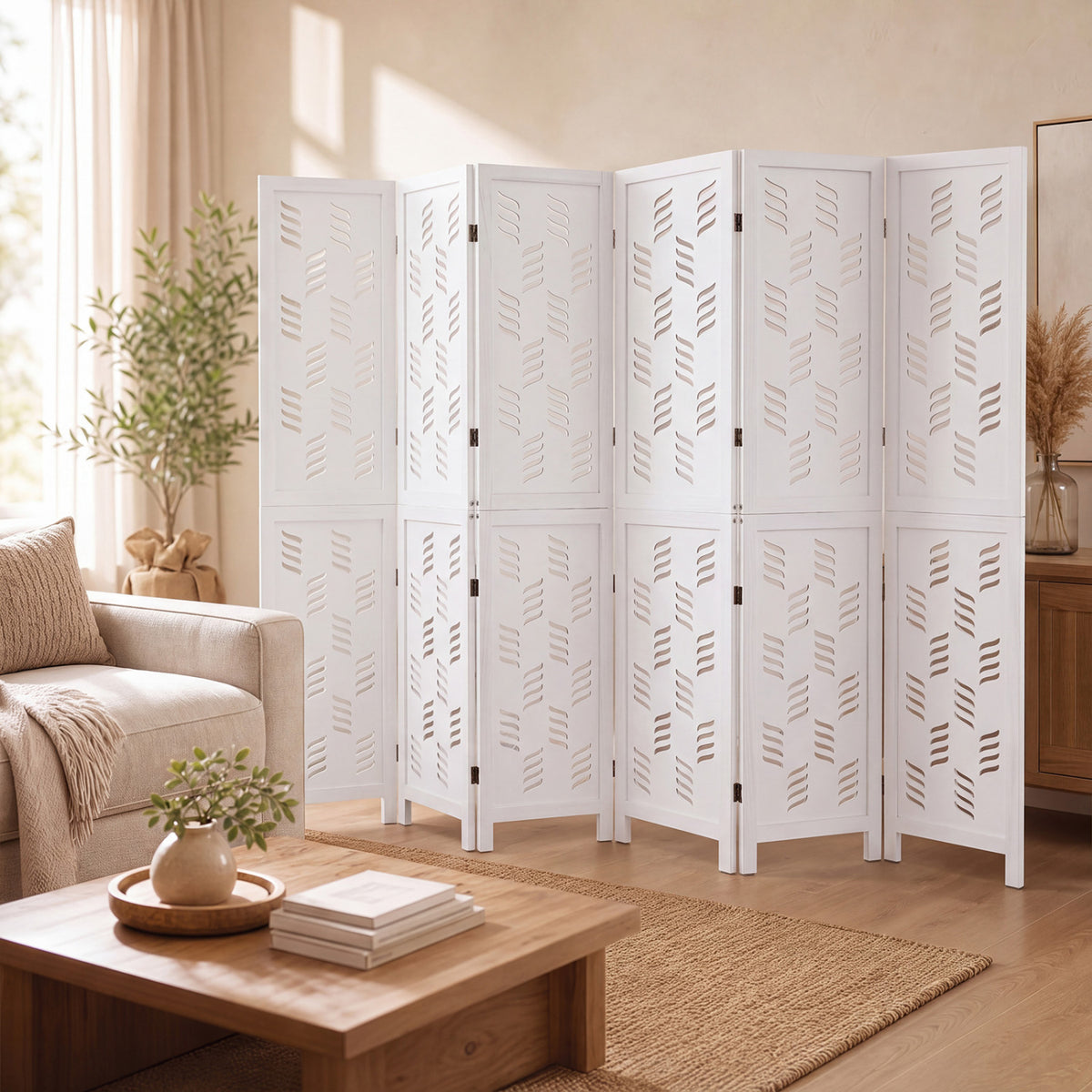 5.5 FT Tall Room Divider 6 Panels with Wave Cutout & Paulownia Frame for Room-White view 6