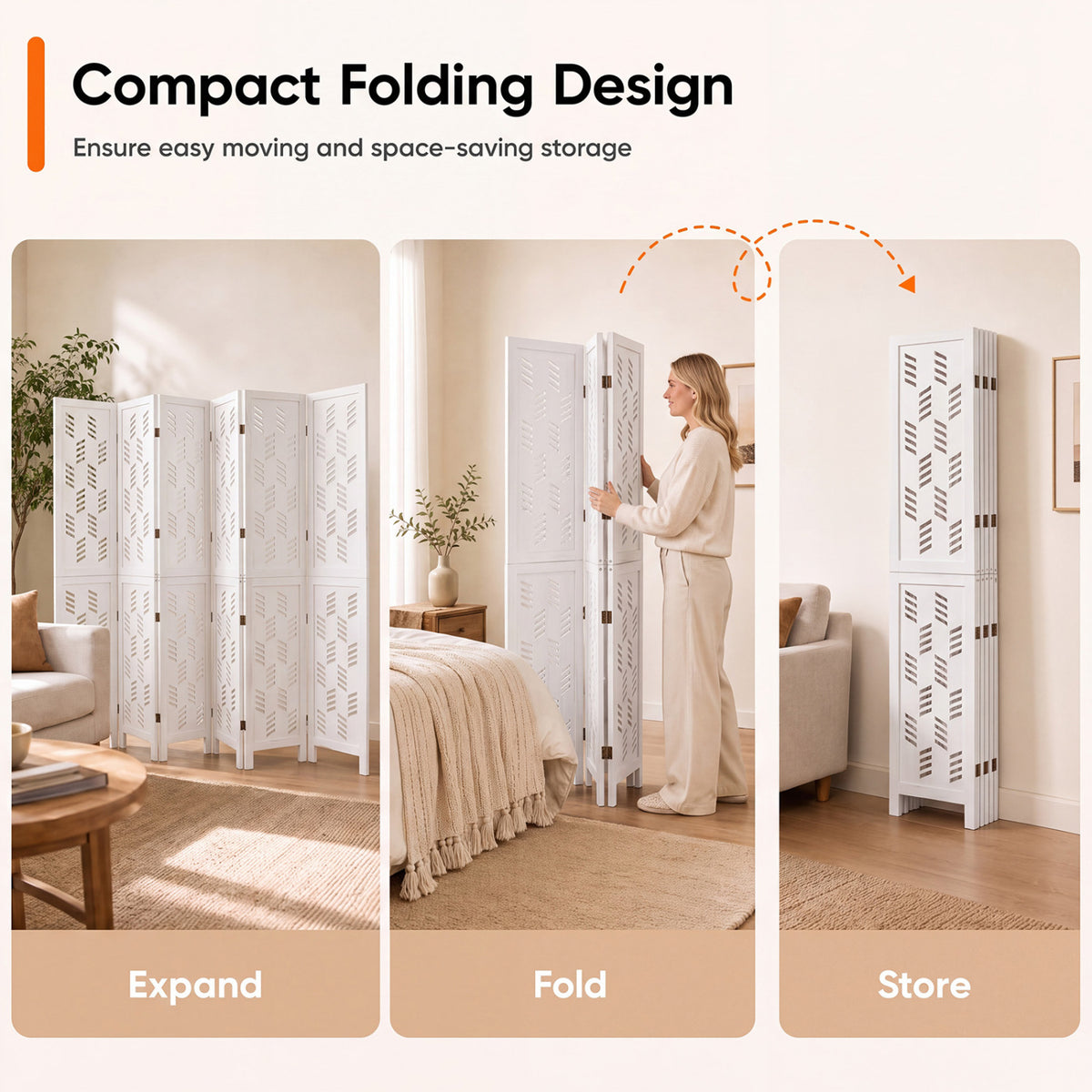 5.5 FT Tall Room Divider 6 Panels with Wave Cutout & Paulownia Frame for Room-White view 7