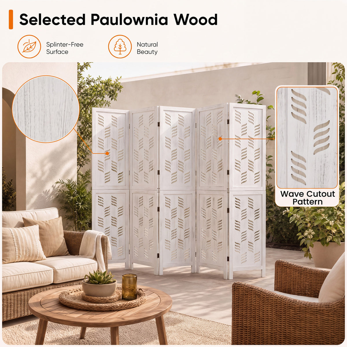 5.5 FT Tall Room Divider 6 Panels with Wave Cutout & Paulownia Frame for Room-White view 8
