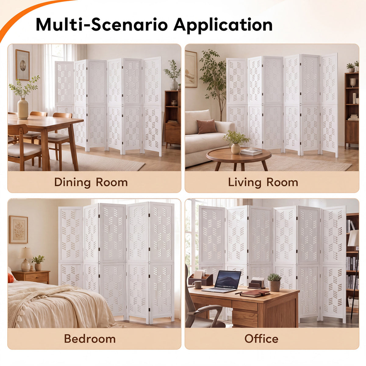 5.5 FT Tall Room Divider 6 Panels with Wave Cutout & Paulownia Frame for Room-White view 9