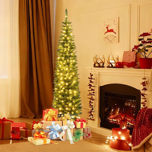 5/6/7/8/9 Feet Pre-lit Pencil Artificial Christmas Tree with 150/180/200//300/400 Warm White LED Lights-6 ft