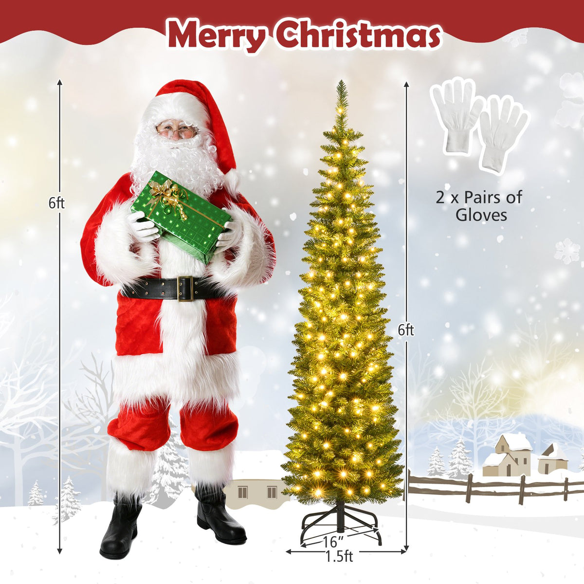 5/6/7/8/9 Feet Pre-lit Pencil Artificial Christmas Tree with 150/180/200//300/400 Warm White LED Lights-6 ft view 5