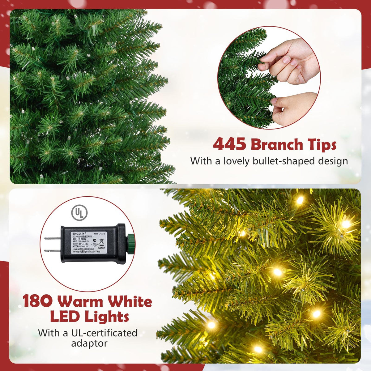 5/6/7/8/9 Feet Pre-lit Pencil Artificial Christmas Tree with 150/180/200//300/400 Warm White LED Lights-6 ft view 7