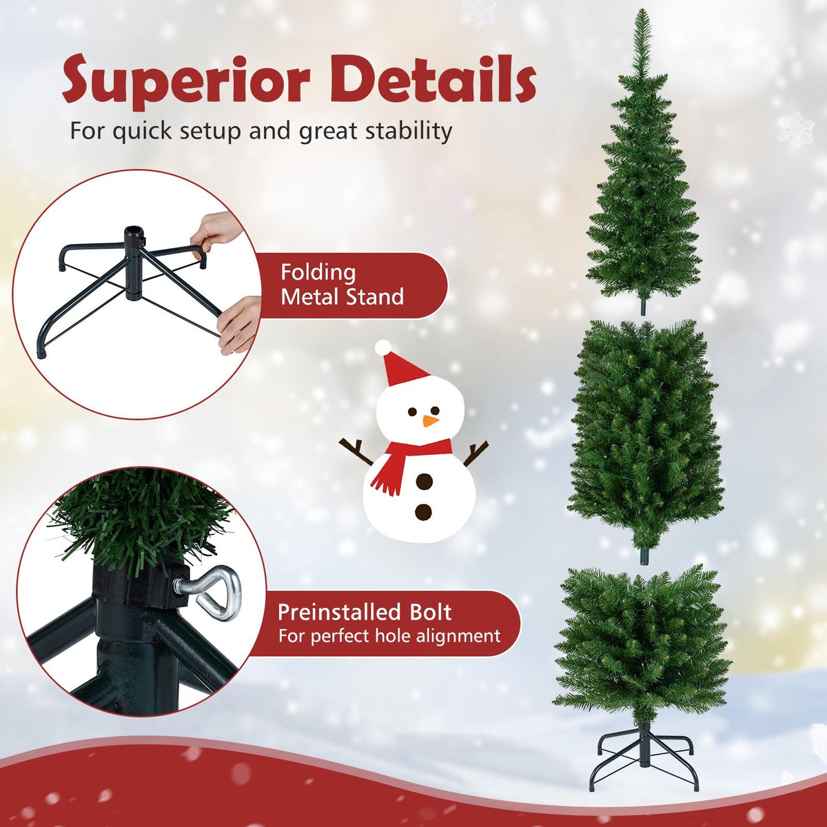 5/6/7/8/9 Feet Pre-lit Pencil Artificial Christmas Tree with 150/180/200//300/400 Warm White LED Lights-6 ft view 8