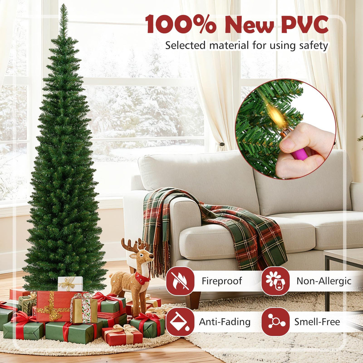 5/6/7/8/9 Feet Pre-lit Pencil Artificial Christmas Tree with 150/180/200//300/400 Warm White LED Lights-6 ft view 9