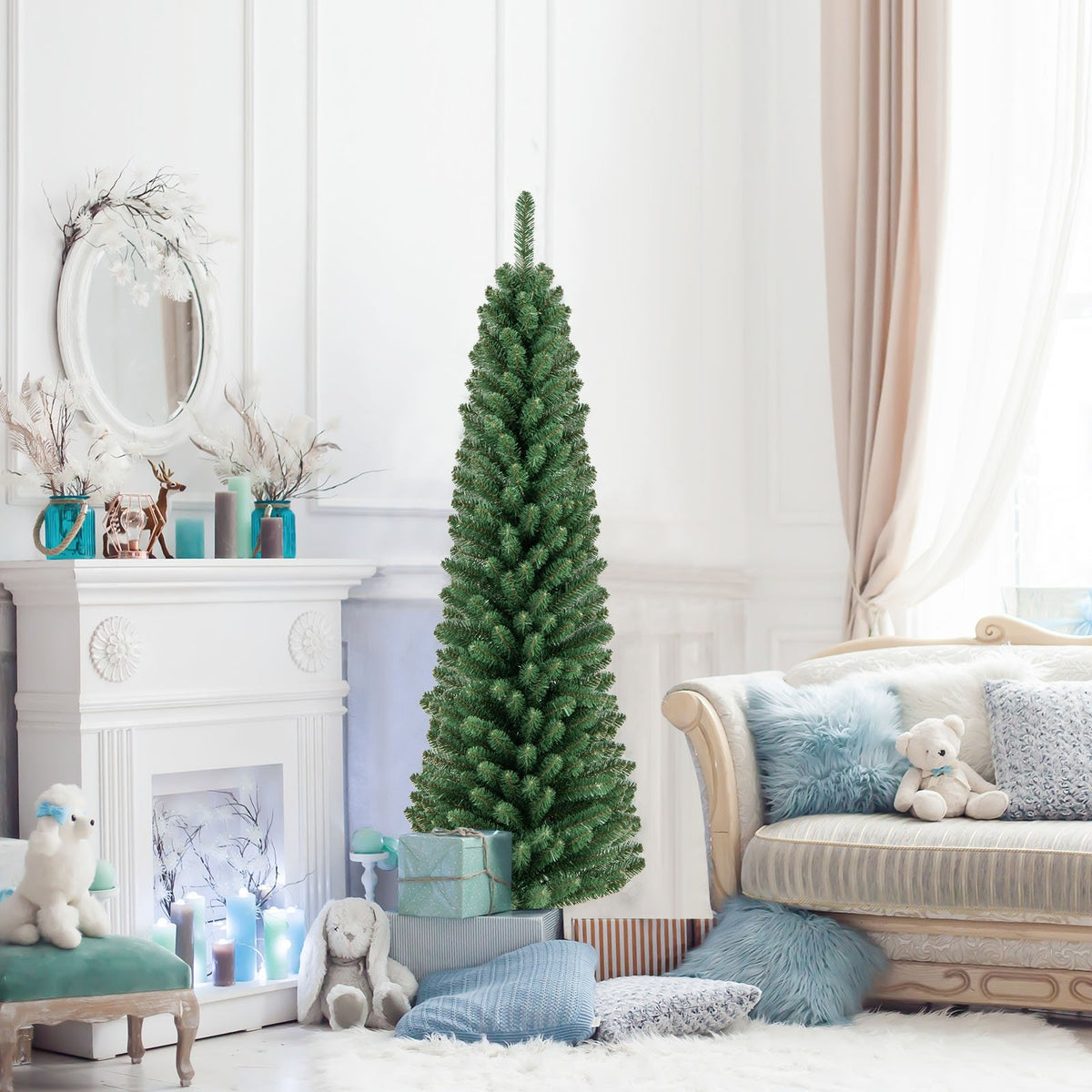 5/6/7/8 Feet Pencil Christmas Tree with 295/392/523/671 Memory Wire Branch Tips and Upgraded Metal Stand-5 feet view 2