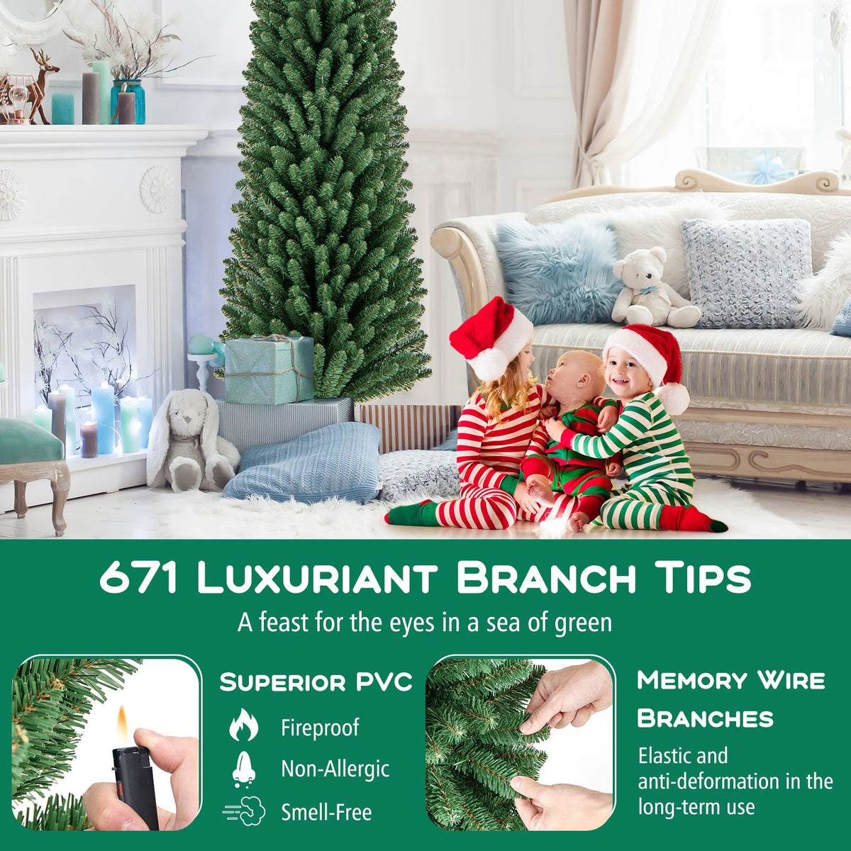 5/6/7/8 Feet Pencil Christmas Tree with 295/392/523/671 Memory Wire Branch Tips and Upgraded Metal Stand-8 ft view 7