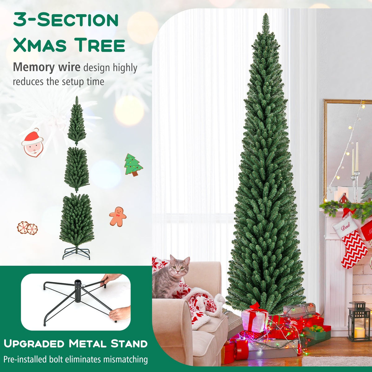 5/6/7/8 Feet Pencil Christmas Tree with 295/392/523/671 Memory Wire Branch Tips and Upgraded Metal Stand-8 ft view 8