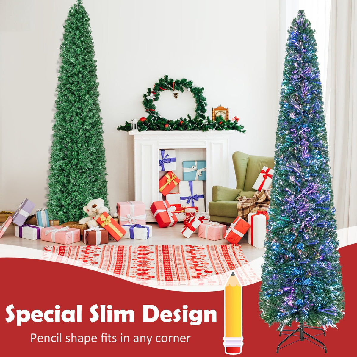 5/6/7/8 FT Pre-Lit Christmas Pencil Tree with Colorful Fiber Optics Green-8 ft view 7
