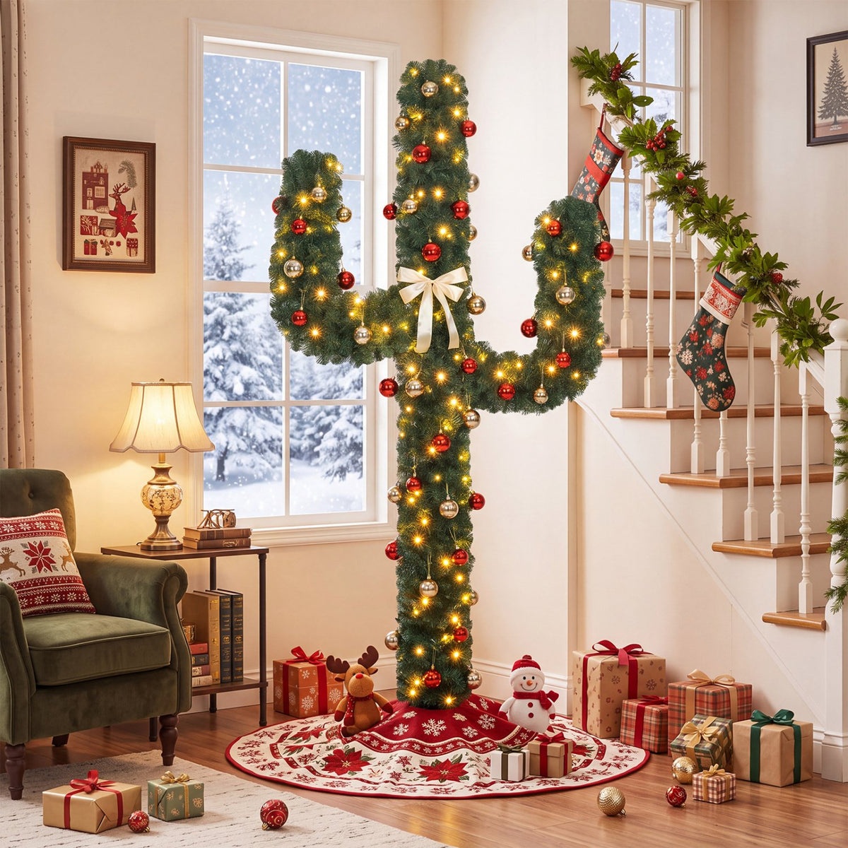 7 Feet Artificial Cactus PVC Christmas Tree with LED Lights and Ball Ornaments-7 ft view 3
