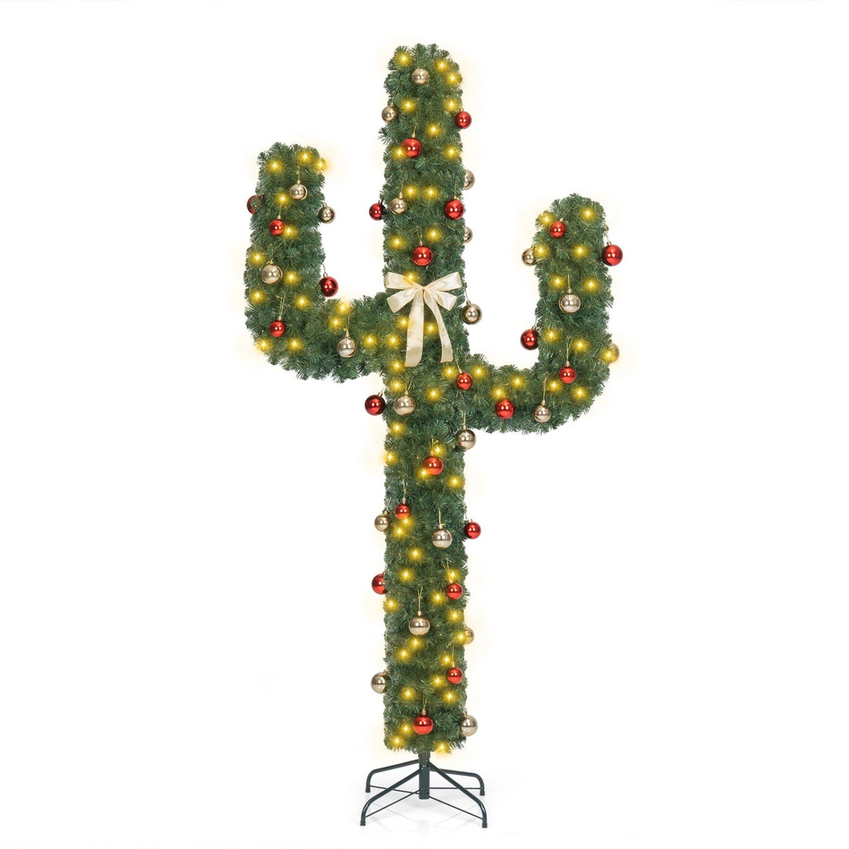 7 Feet Artificial Cactus PVC Christmas Tree with LED Lights and Ball Ornaments-7 ft view 4