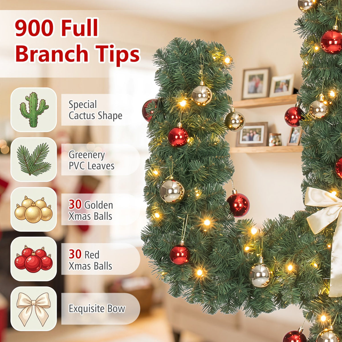 7 Feet Artificial Cactus PVC Christmas Tree with LED Lights and Ball Ornaments-7 ft view 7