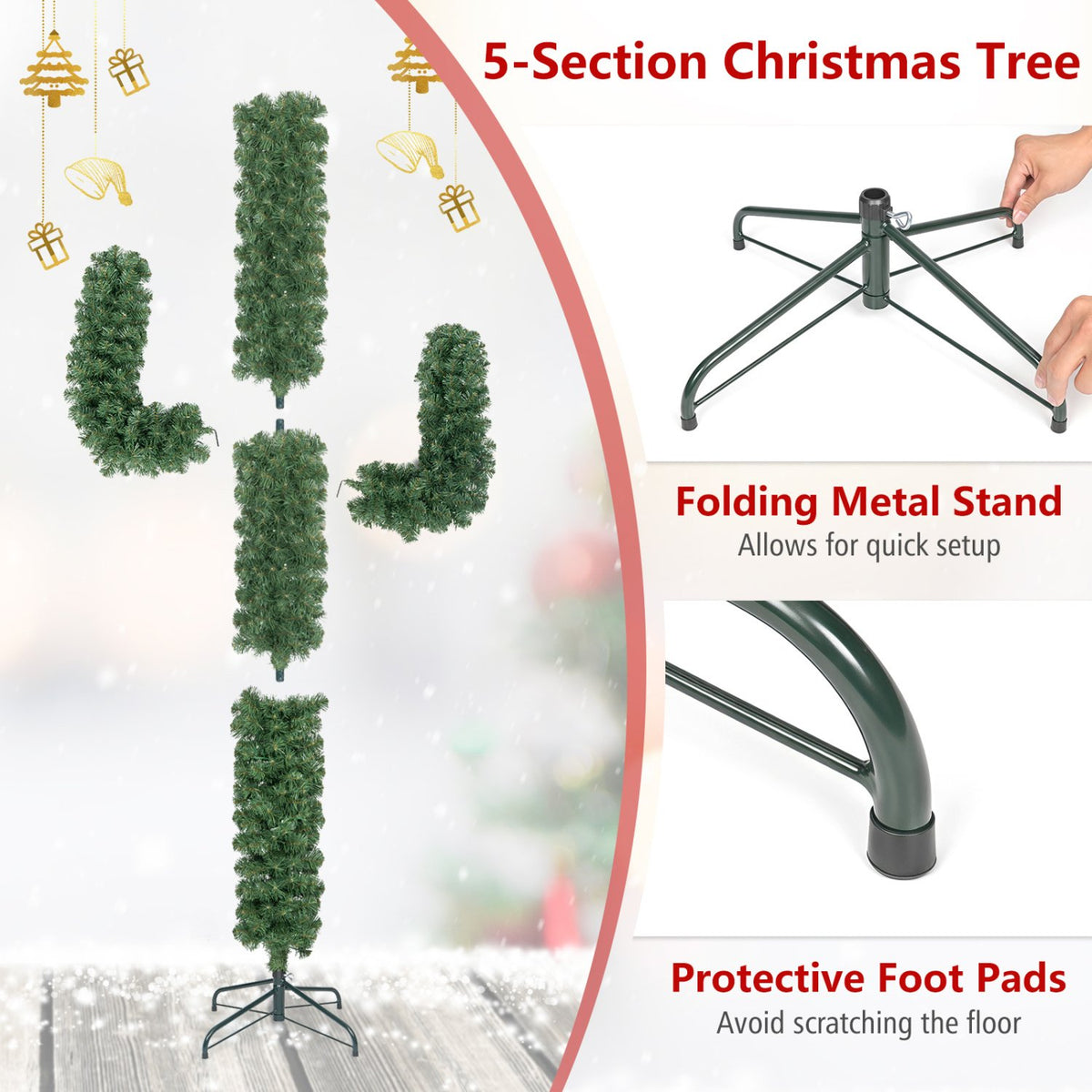 7 Feet Artificial Cactus PVC Christmas Tree with LED Lights and Ball Ornaments-7 ft view 9