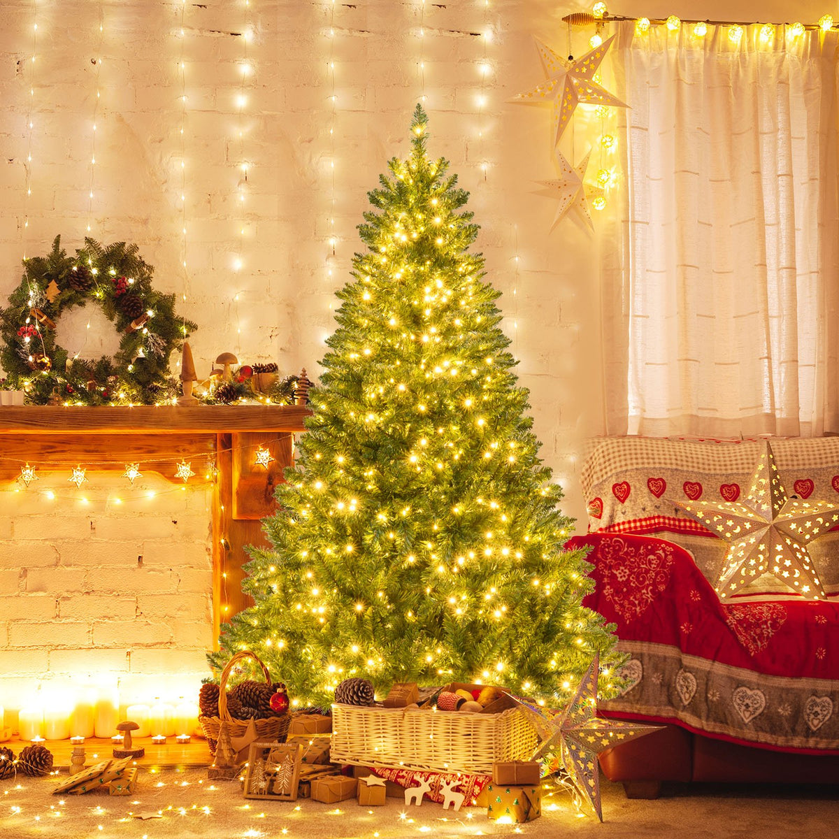 5/6/7 Feet Artificial Christmas Tree Hinged Xmas Tree with 7 Lighting Modes-6 Feet view 2