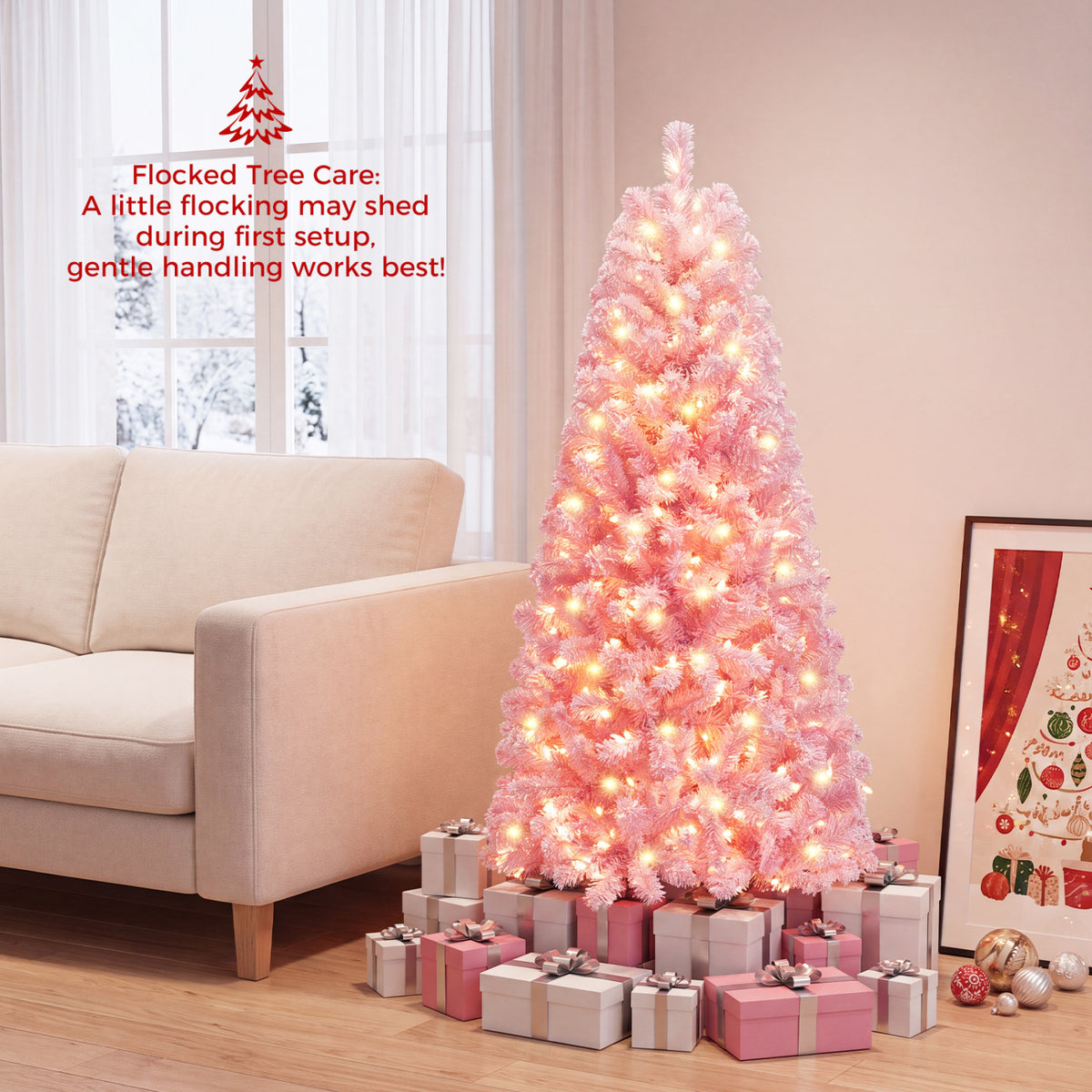 5/6/7 Feet Flocked Fir Christmas Tree with Warm White LED Lights-5 ft view 3