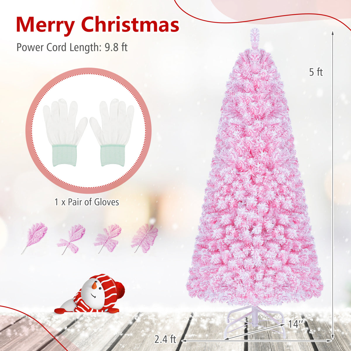 5/6/7 Feet Flocked Fir Christmas Tree with Warm White LED Lights-5 ft view 5