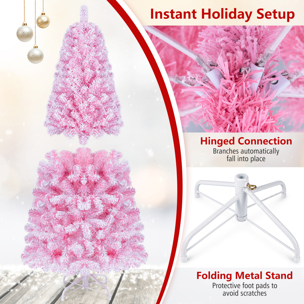 5/6/7 Feet Flocked Fir Christmas Tree with Warm White LED Lights-5 ft view 9