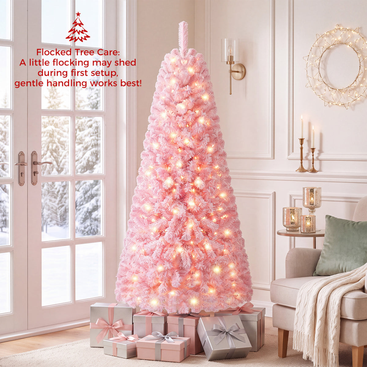 5/6/7 Feet Flocked Fir Christmas Tree with Warm White LED Lights-6 ft view 2