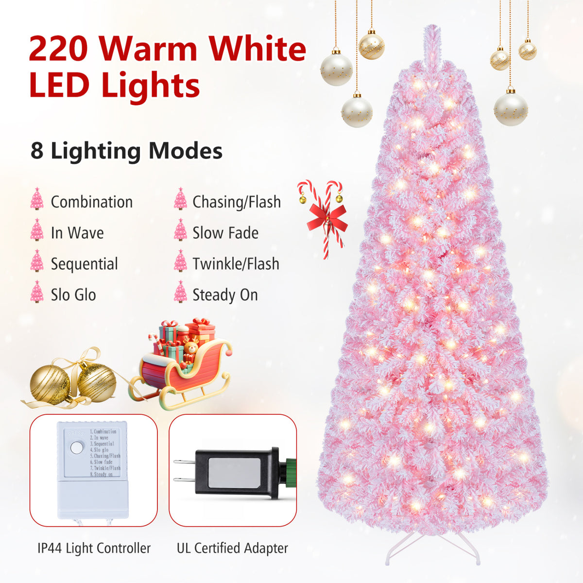 5/6/7 Feet Flocked Fir Christmas Tree with Warm White LED Lights-6 ft view 8
