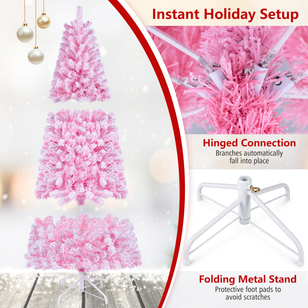 5/6/7 Feet Flocked Fir Christmas Tree with Warm White LED Lights-6 ft view 9