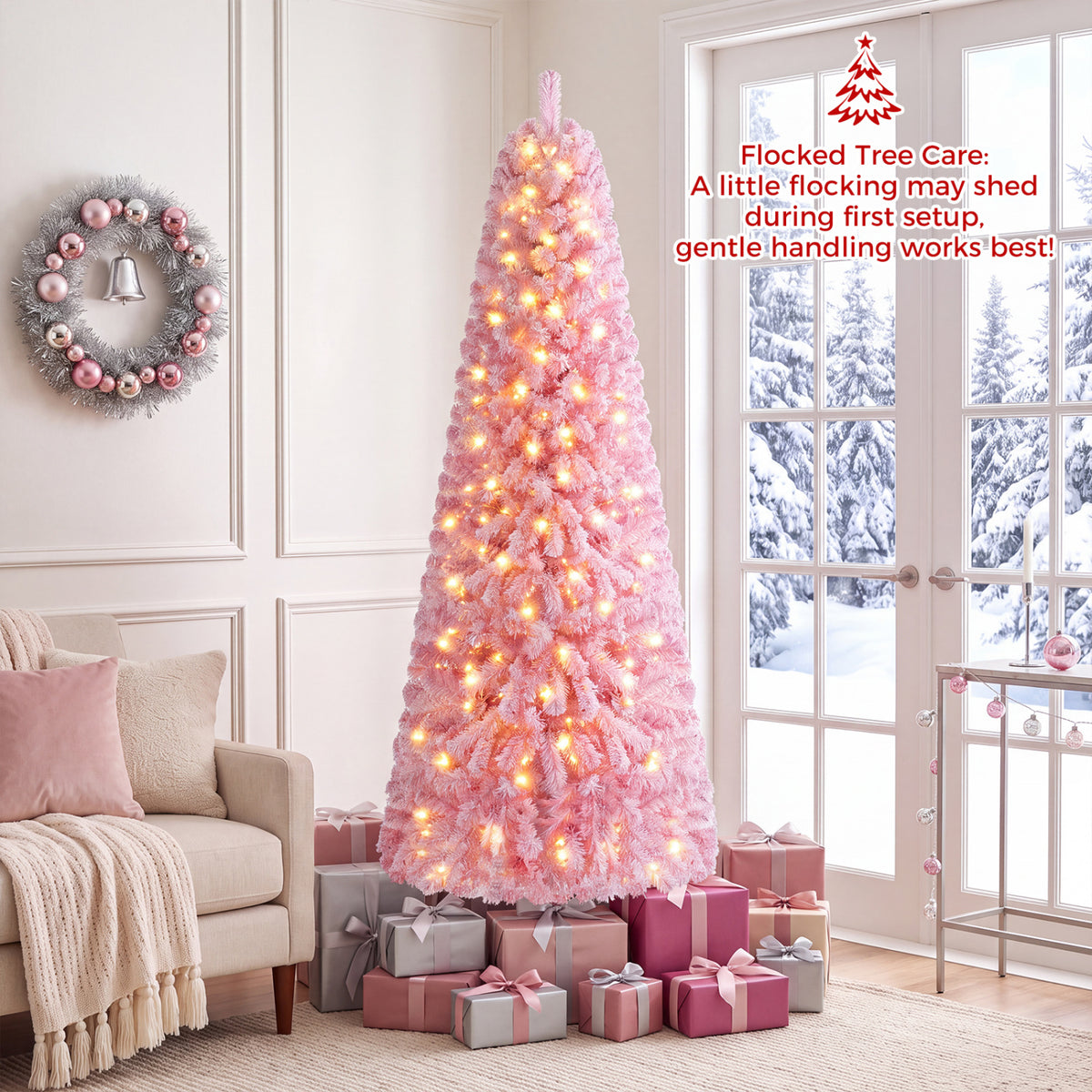 5/6/7 Feet Flocked Fir Christmas Tree with Warm White LED Lights-7 ft view 2