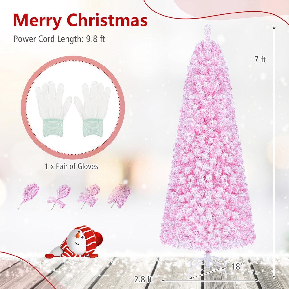 5/6/7 Feet Flocked Fir Christmas Tree with Warm White LED Lights-7 ft view 5