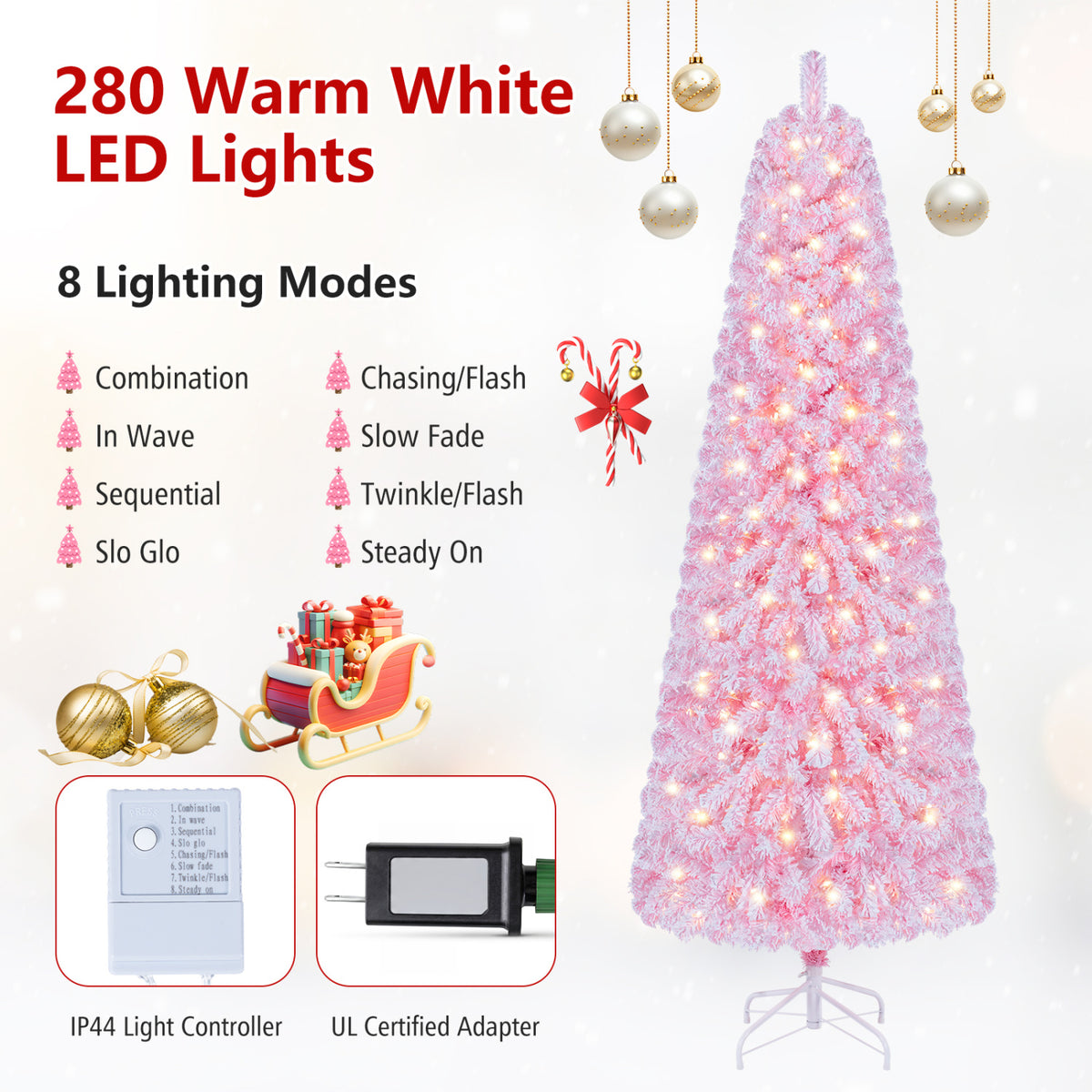 5/6/7 Feet Flocked Fir Christmas Tree with Warm White LED Lights-7 ft view 8