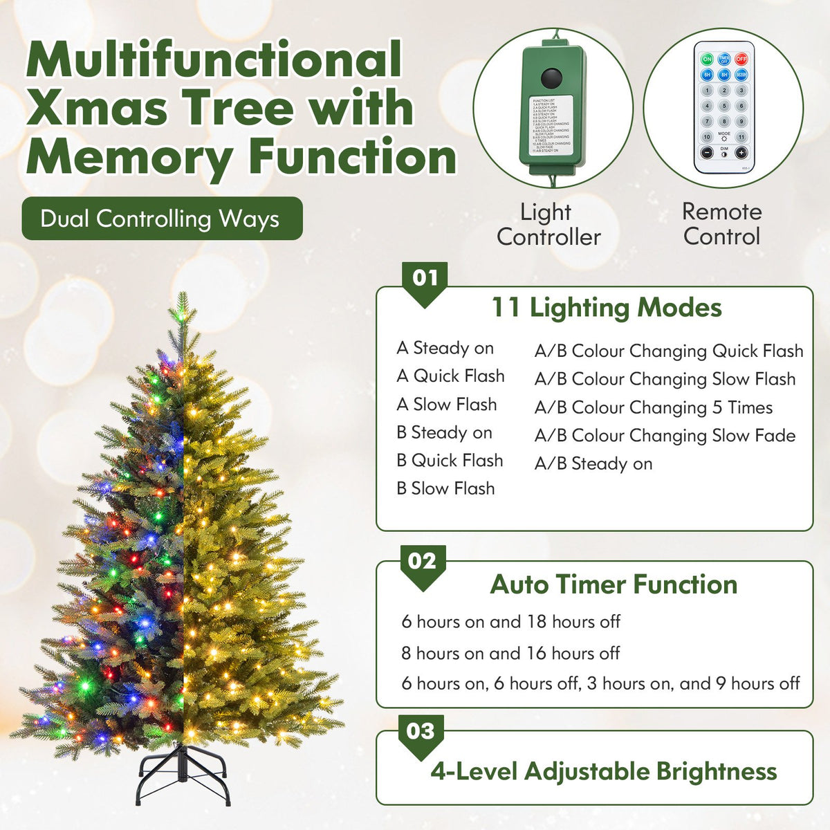 5 Feet Artificial Xmas Tree Hinged with 11 Lighting Modes and Remote Control-5 ft view 7