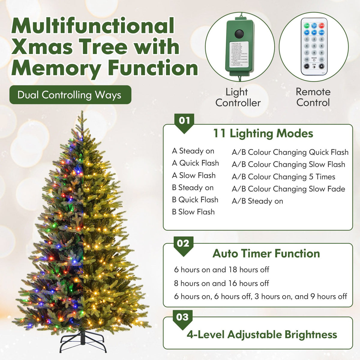 7 Feet Artificial Xmas Tree Hinged with 11 Lighting Modes and Remote Control-7 ft view 9