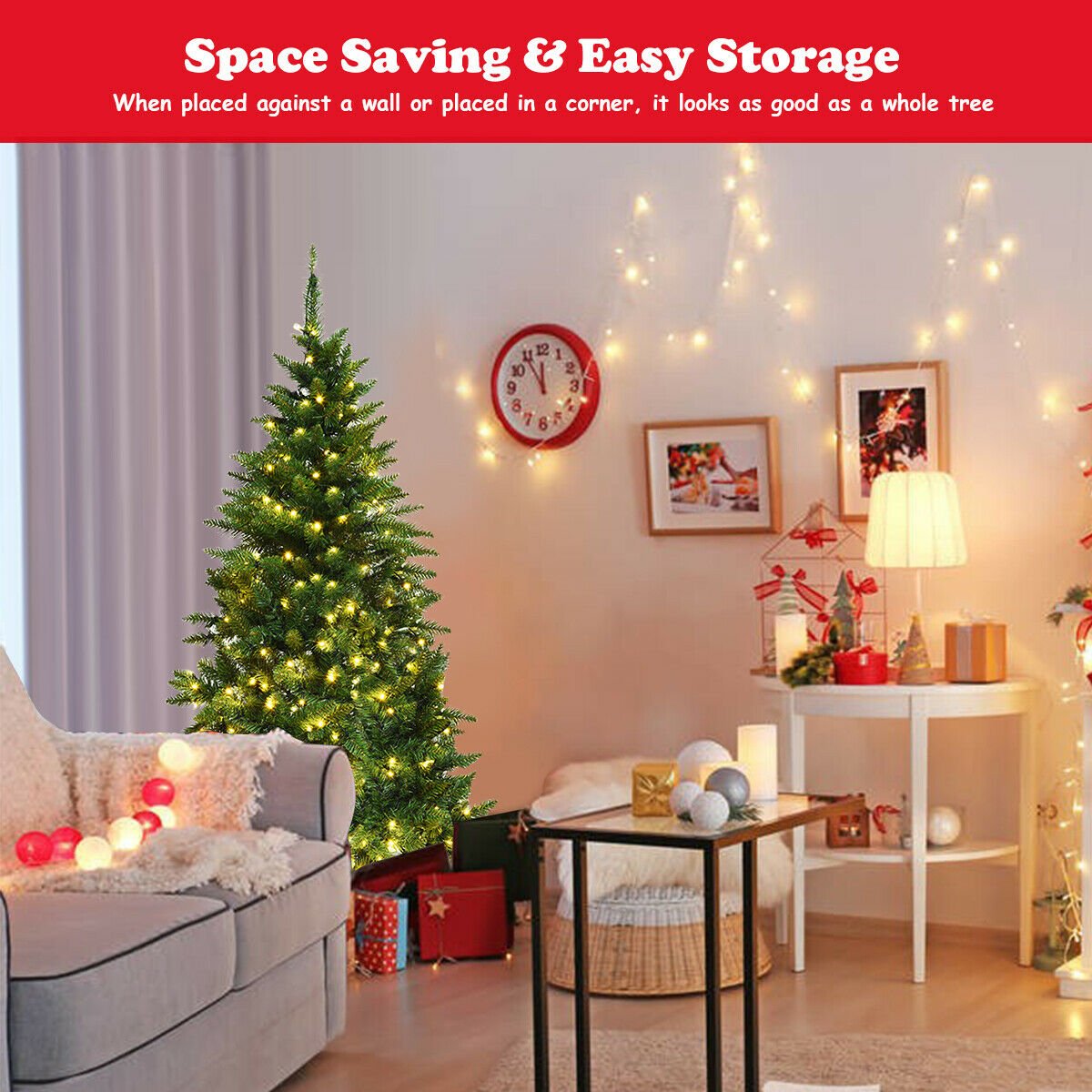 Pre-Lit Artificial Half National Christmas Tree with 8 Flash Modes-5 ft view 3