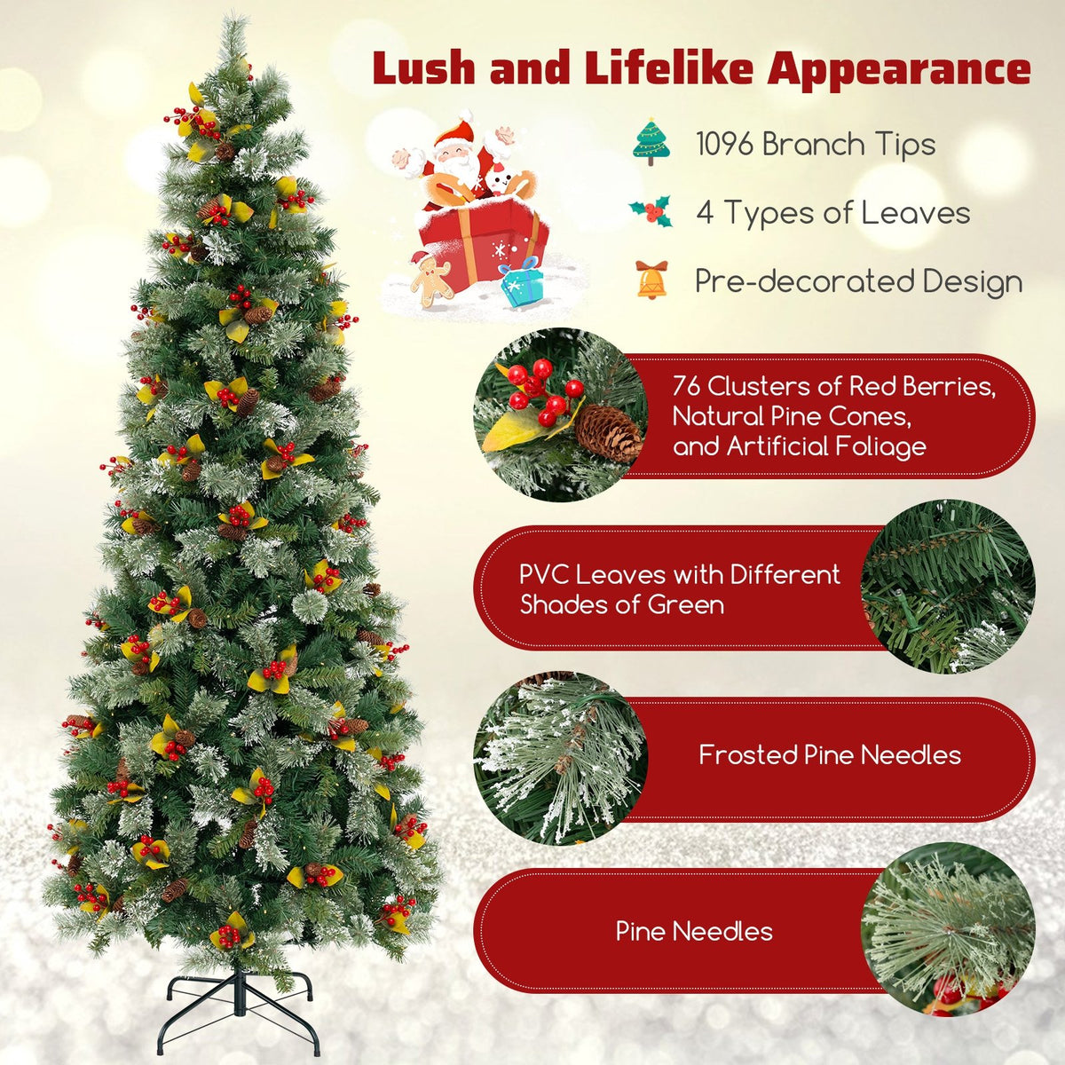 5/7.5/9 FT Pre-Lit Artificial Christmas Tree with 453/1096/1416 PVC and Pine Needles-L view 6