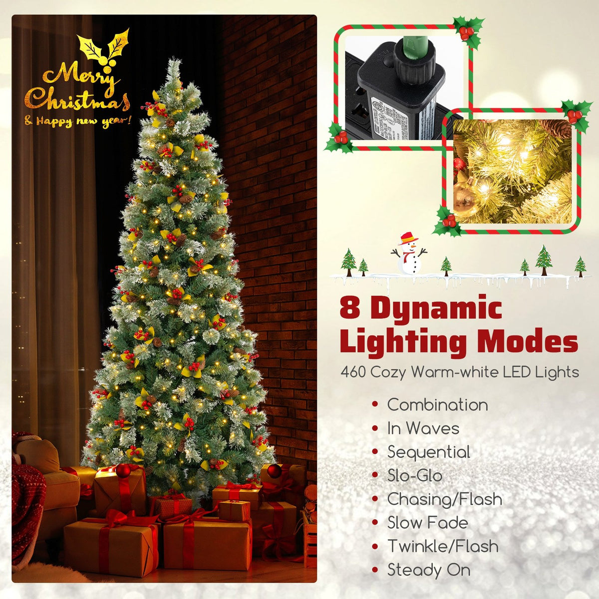 5/7.5/9 FT Pre-Lit Artificial Christmas Tree with 453/1096/1416 PVC and Pine Needles-L view 7