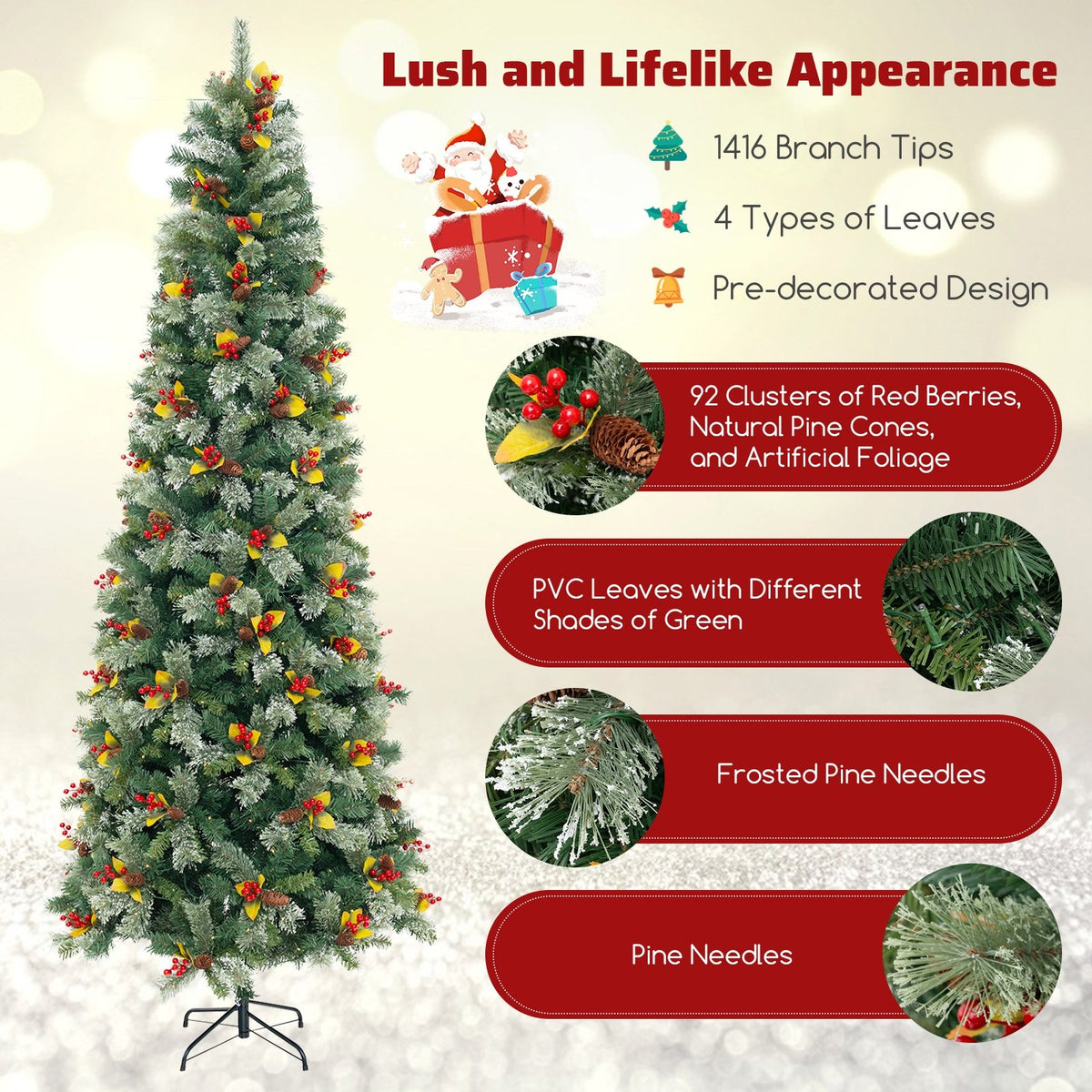 5/7.5/9 FT Pre-Lit Artificial Christmas Tree with 453/1096/1416 PVC and Pine Needles-XL view 7